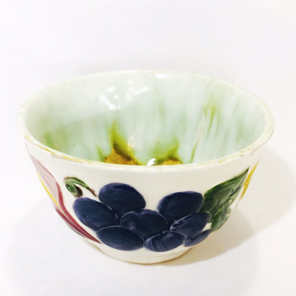 Vintage Hand Painted 5" Round Bowl Fruit In Relief Signed